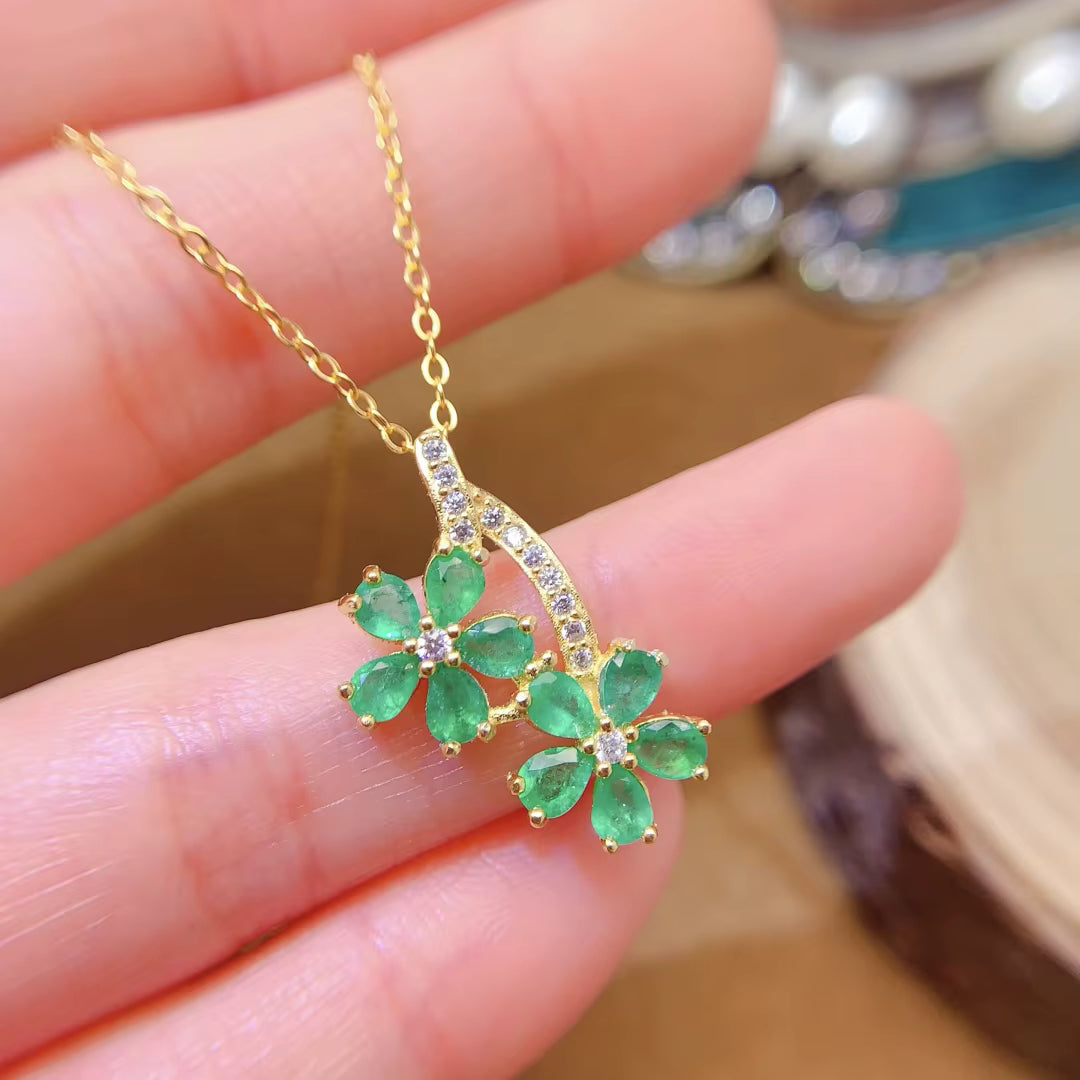 Natural Emerald Flower Pendant Necklace, Natural Emerald Gemstone Necklace