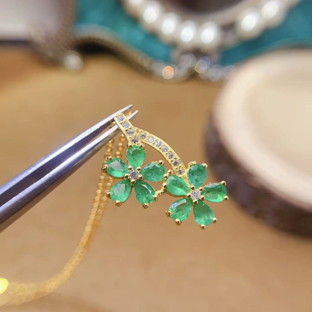 Natural Emerald Flower Pendant Necklace, Natural Emerald Gemstone Necklace