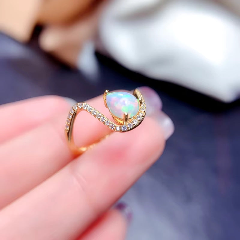 Australian Opal Statement Ring, Natural White Opal Ring Platinum Plated 5x7mm