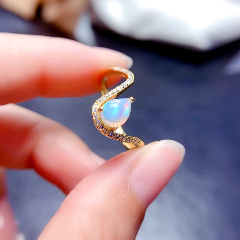 Australian Opal Statement Ring, Natural White Opal Ring Platinum Plated 5x7mm