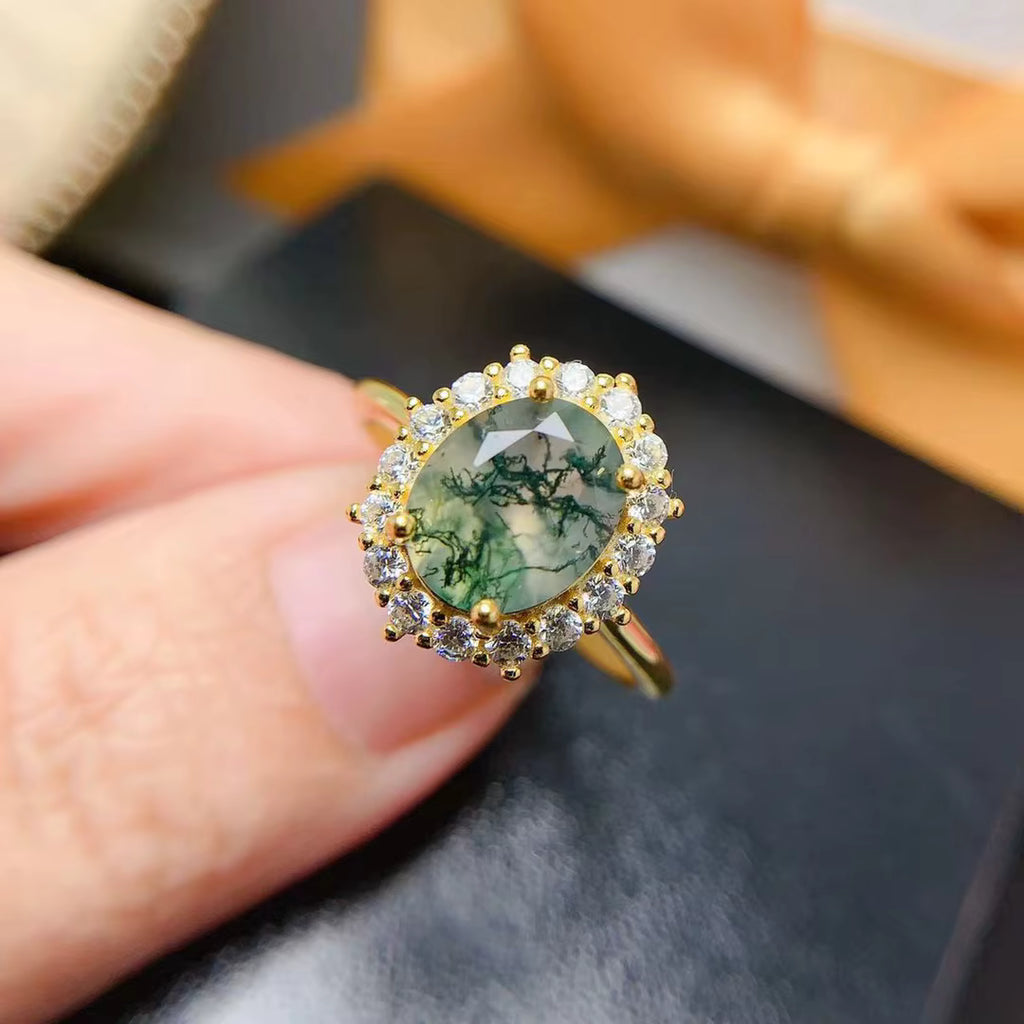 Moss Agate Cluster Ring 8x10mm 925 Sterling Silver