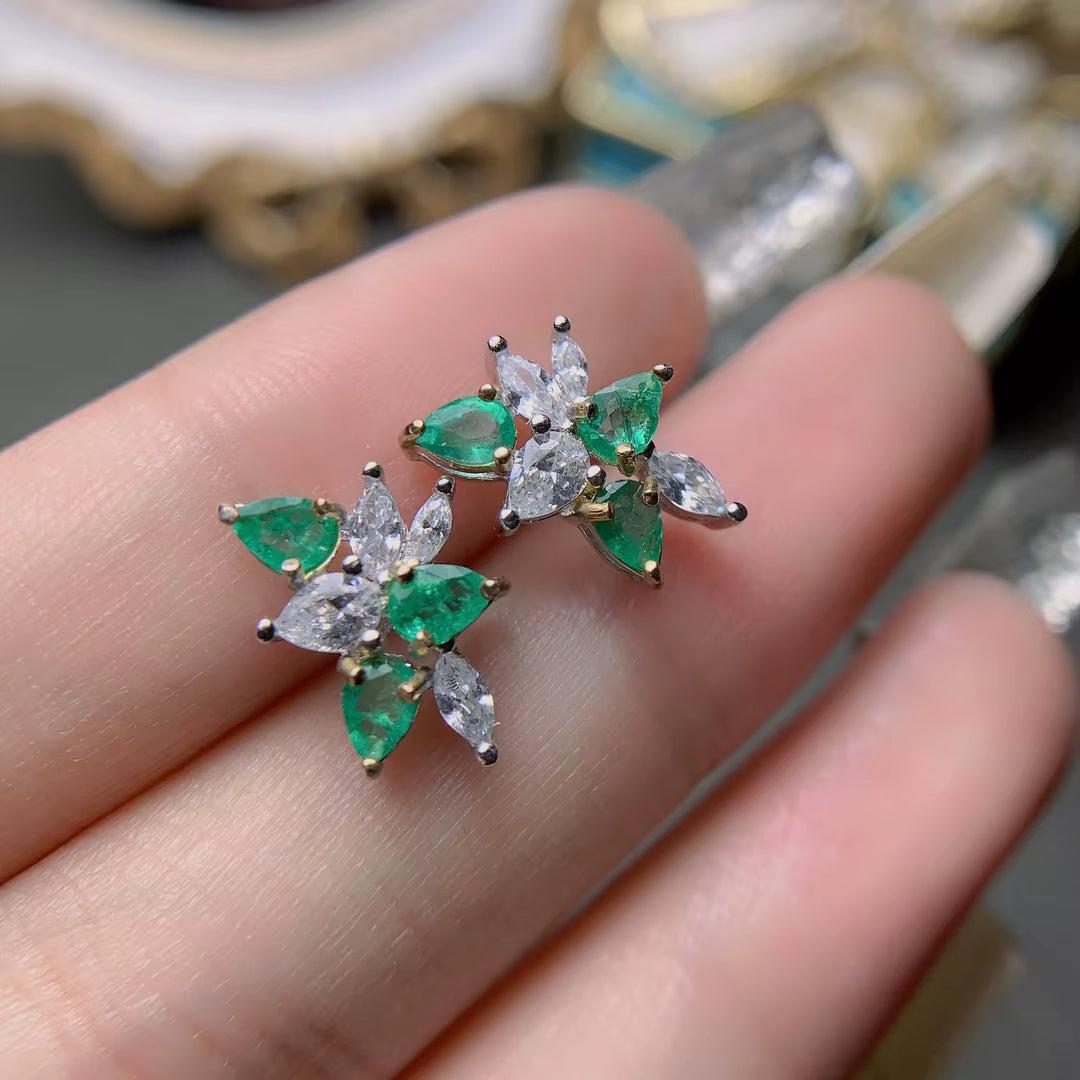 Natural Emerald Pear Cut Cluster Earrings 3x4mm VVS Grade