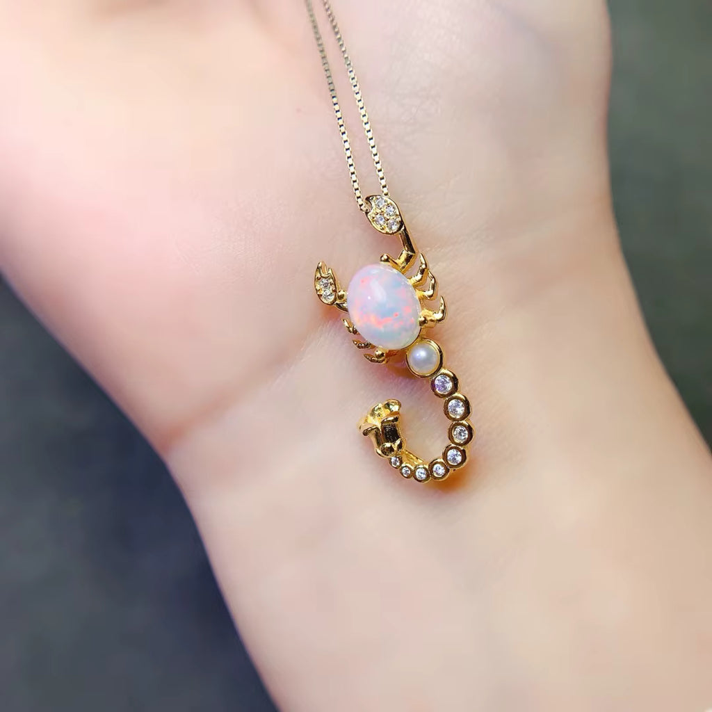 Natural White Fire Opal Scorpion Necklace 925 Sterling Silver