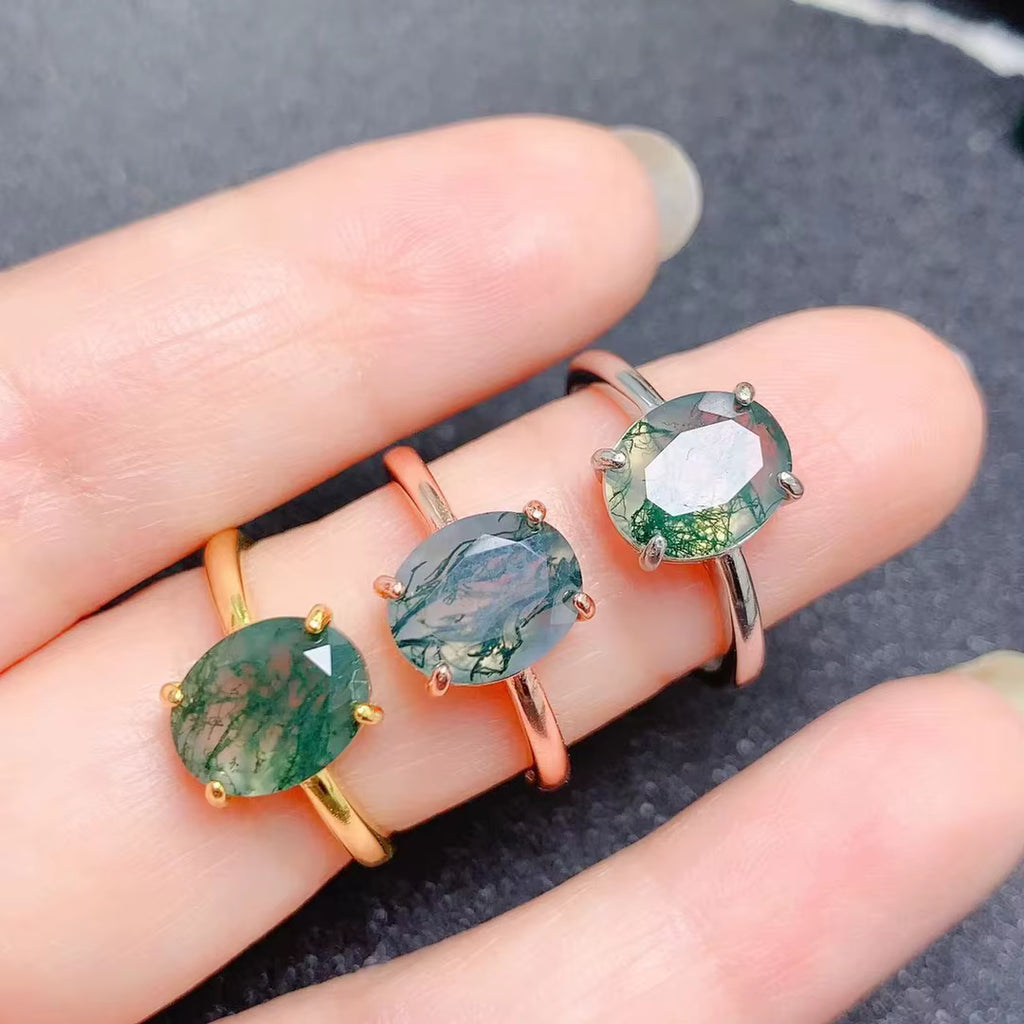 Natural Moss Agate Ring 8x10mm Oval Cut 925 Sterling Silver