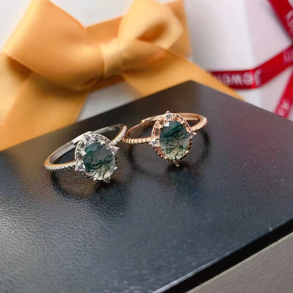 Oval Cut Moss Agate Gemstone Ring 8x10mm 925 Sterling Silver