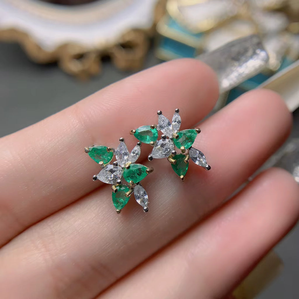 Natural Emerald Pear Cut Cluster Earrings 3x4mm VVS Grade