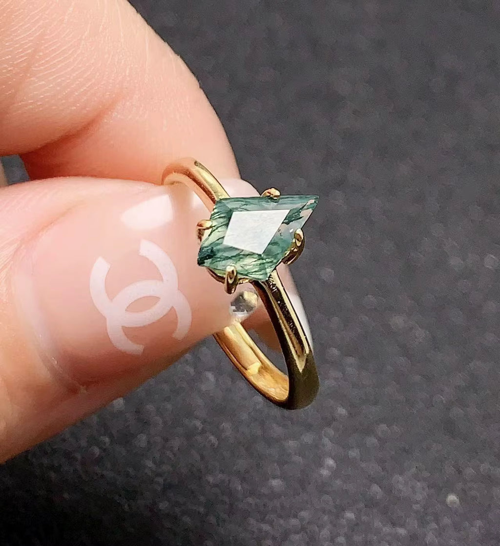 Kite Shape Moss Agate Gemstone Ring 6x9mm