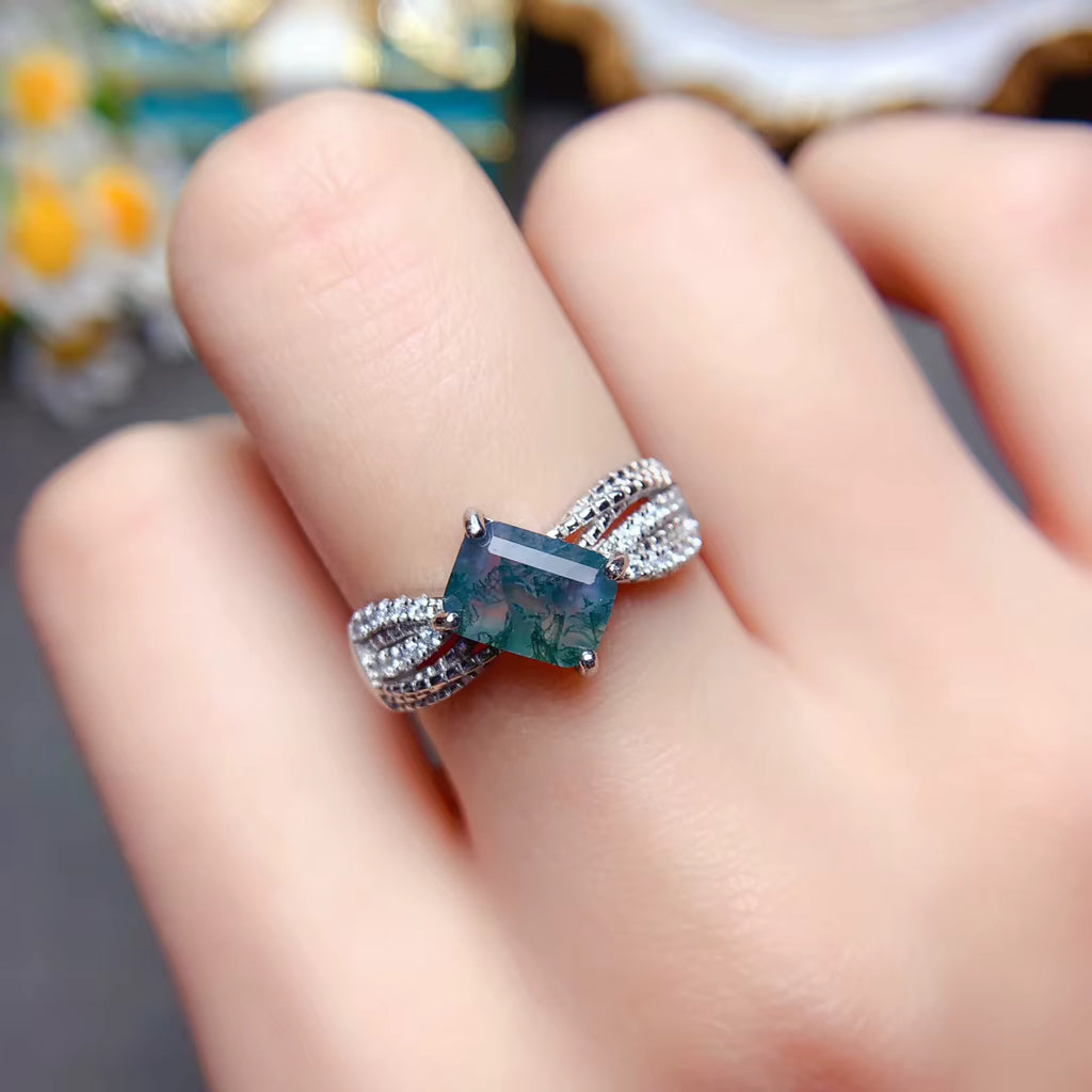 Natural Moss Agate Band Ring 925 Sterling Silver 5x7mm