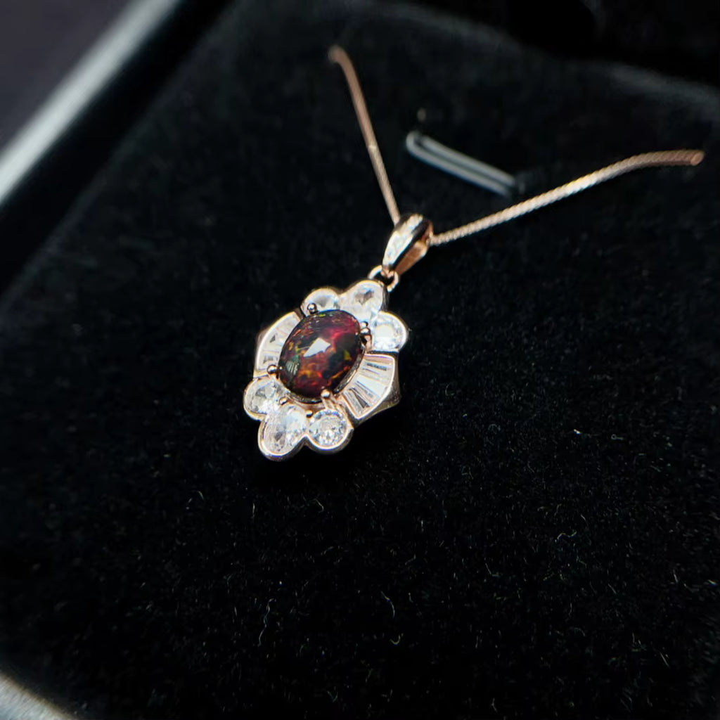 Colorful Black Opal Necklace, Natural Fire Opal Pendant Necklace