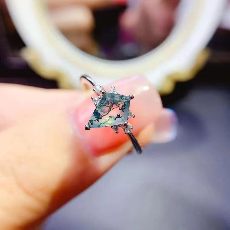 Kite Shape Moss Agate Gemstone Ring 6x8mm 925 Sterling Silver