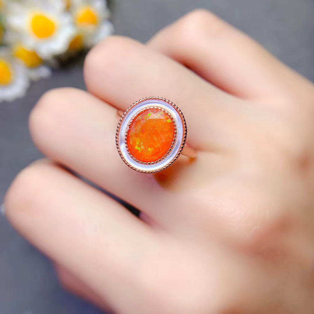 Natural Orange Fire Opal Gemstone Ring 925 Sterling Silver 8x10mm