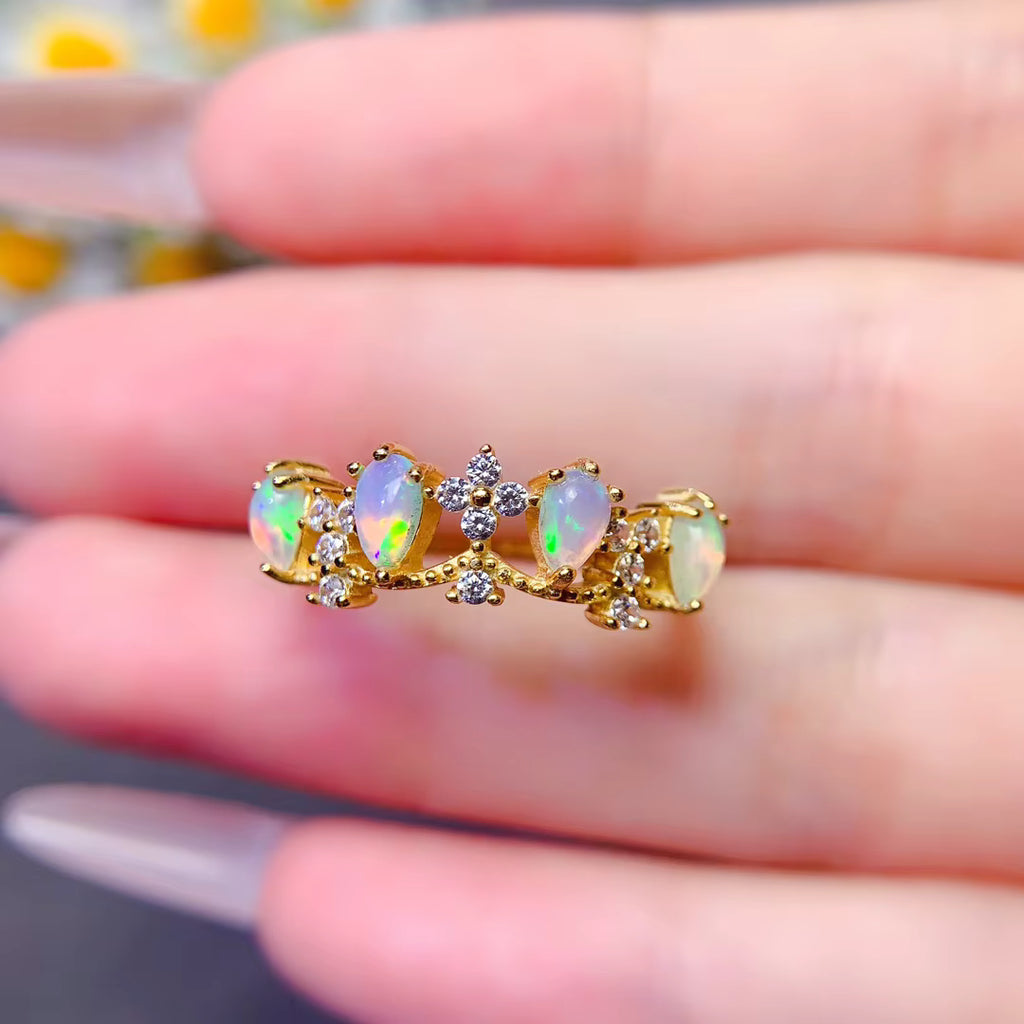 Australian Opal Statement Ring, Natural White Opal Ring Platinum Plated 3x5mm