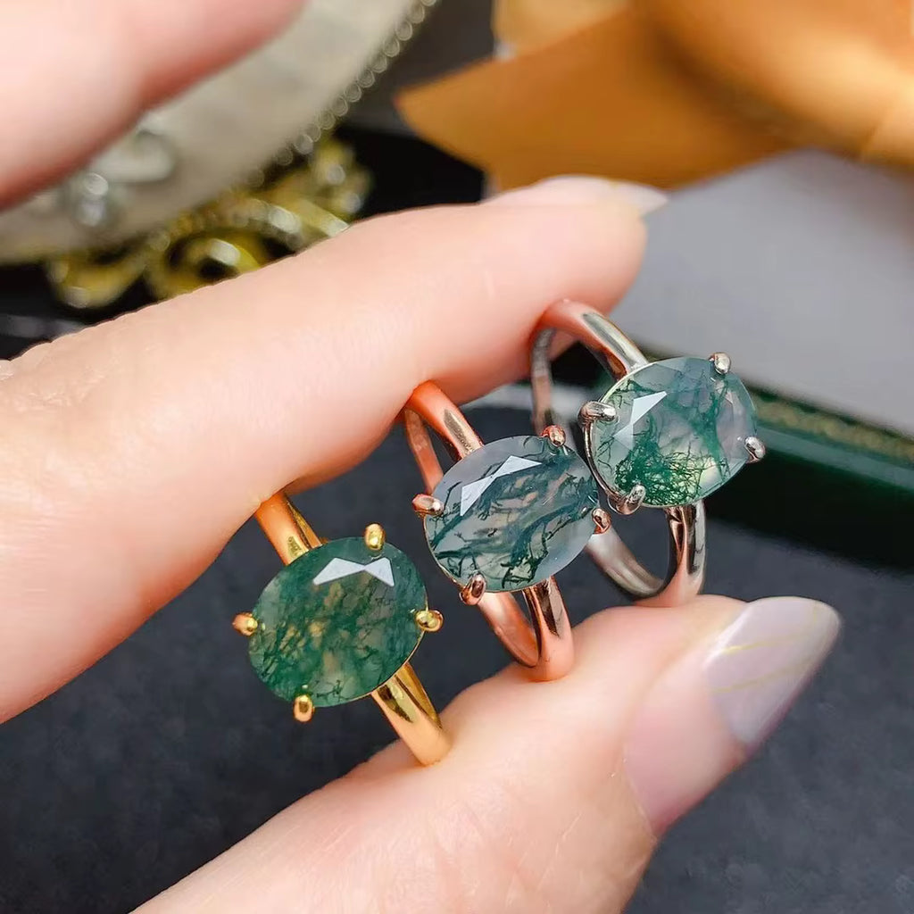 Natural Moss Agate Ring 8x10mm Oval Cut 925 Sterling Silver