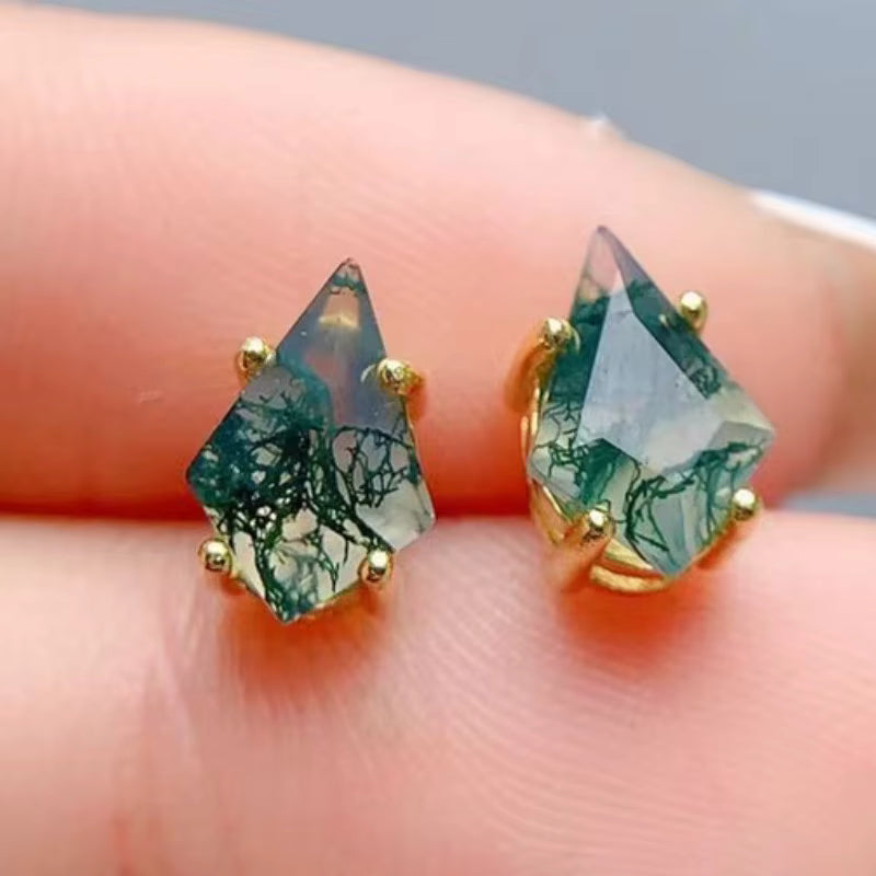 Kite Shaped Moss Agate Gemstone Earrings, Moss Agate Stud Earrings