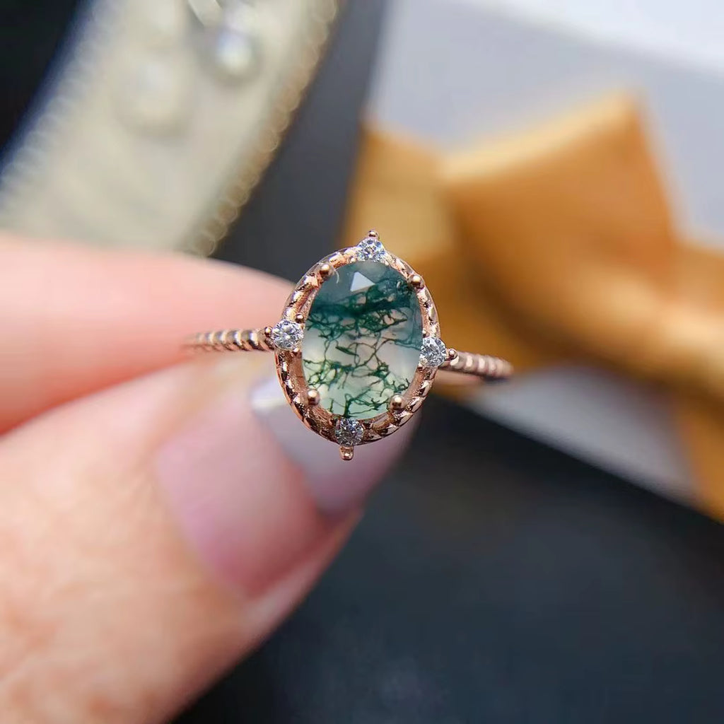 Oval Cut Moss Agate Gemstone Ring 8x10mm 925 Sterling Silver