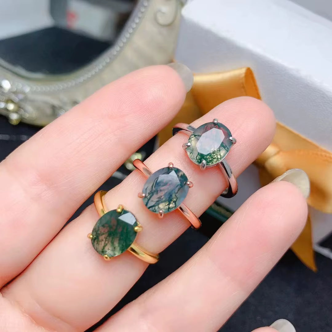 Natural Moss Agate Ring 8x10mm Oval Cut 925 Sterling Silver