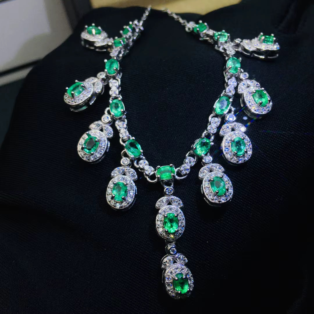 Natural Colombian Emerald Charm Necklace 4x6mm Platinum Plated Silver