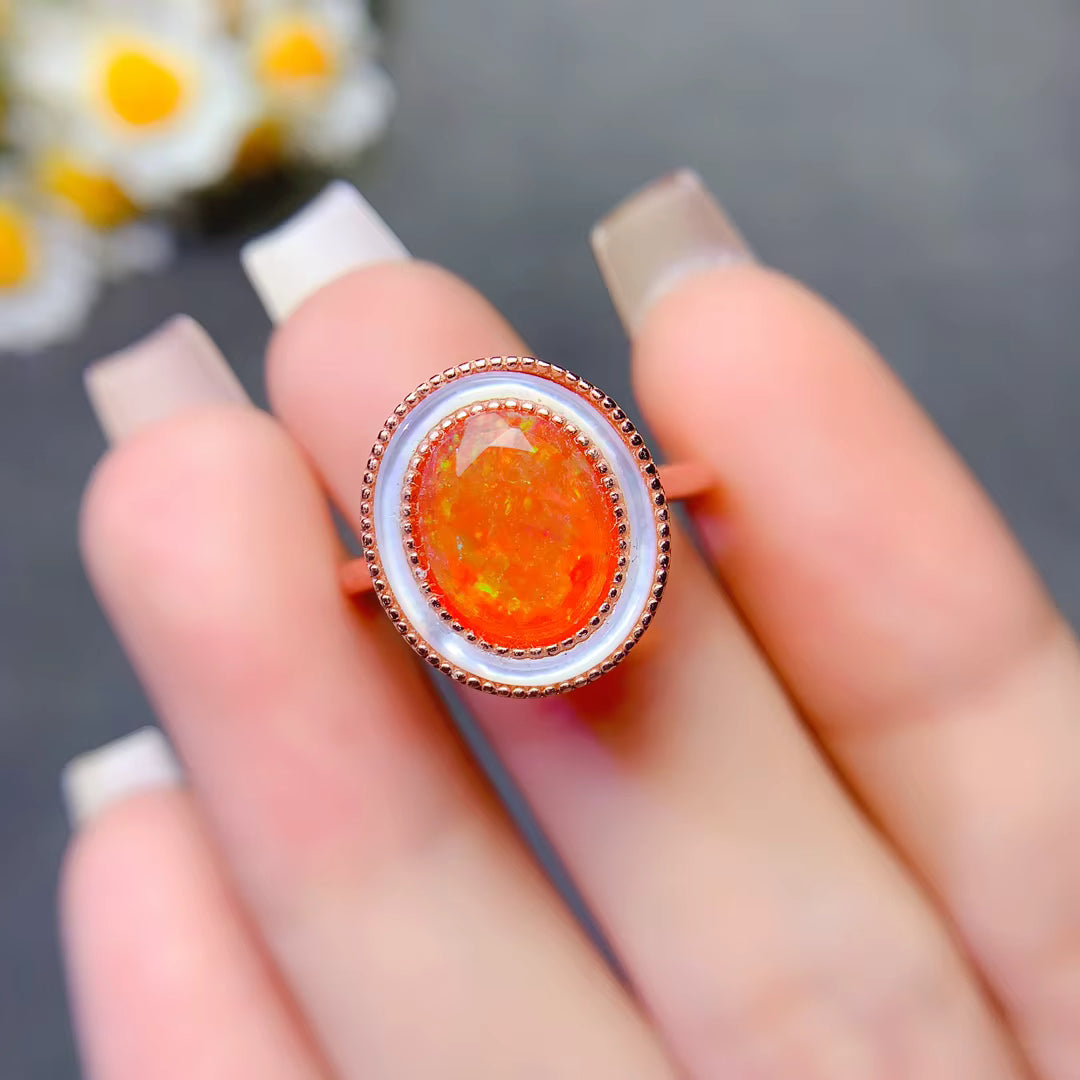 Natural Orange Fire Opal Gemstone Ring 925 Sterling Silver 8x10mm