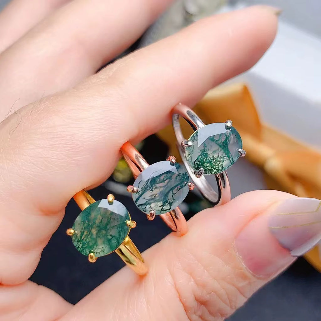 Natural Moss Agate Ring 8x10mm Oval Cut 925 Sterling Silver