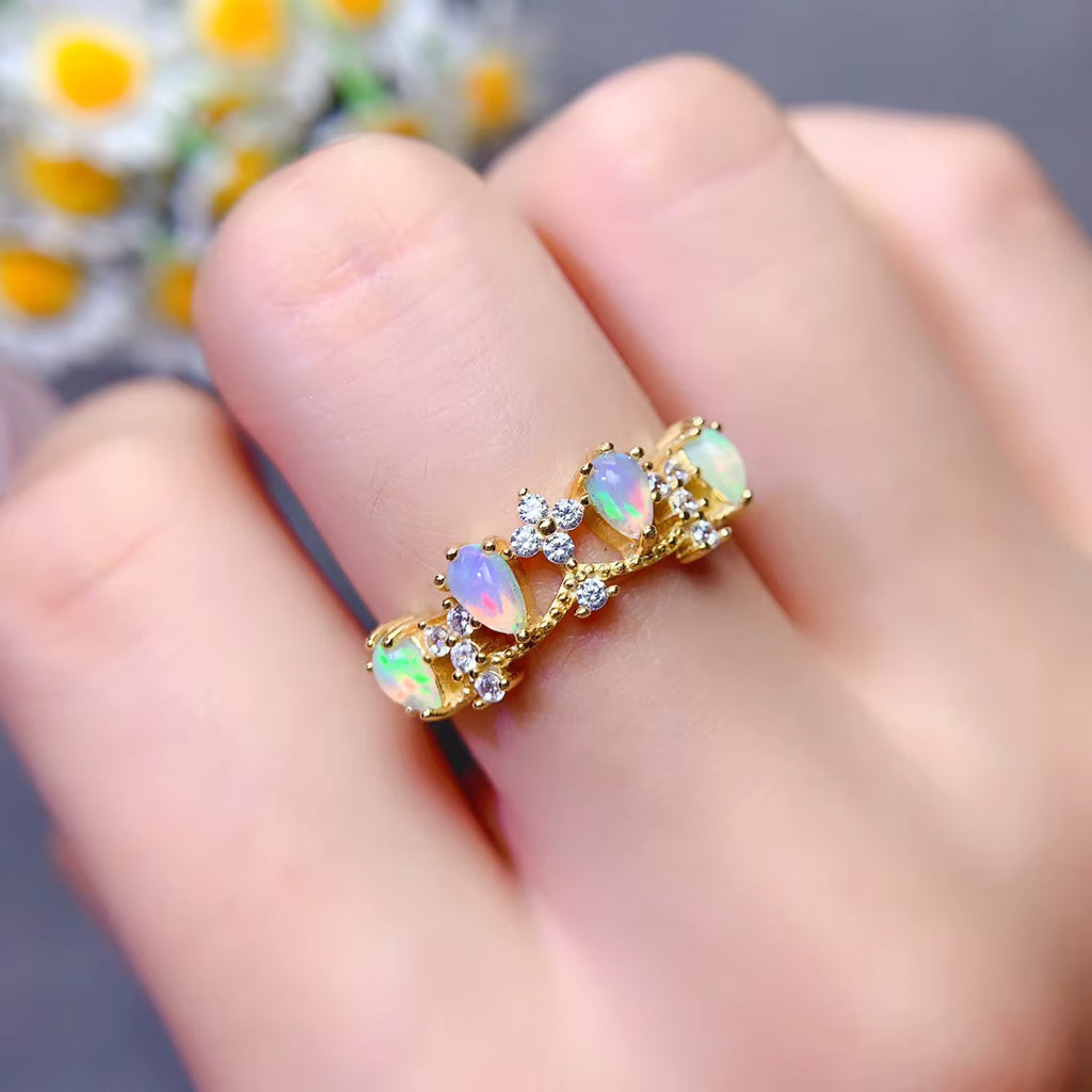 Australian Opal Statement Ring, Natural White Opal Ring Platinum Plated 3x5mm