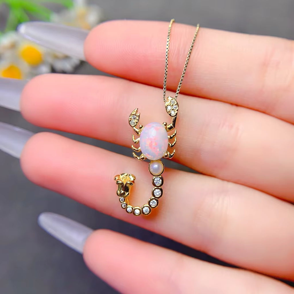 Natural White Fire Opal Scorpion Necklace 925 Sterling Silver