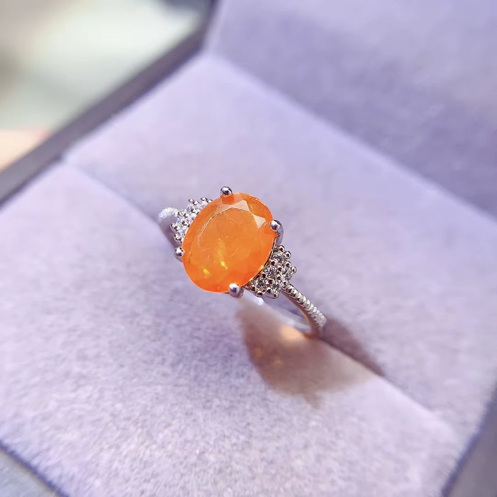 Natural Orange Fire Opal Band Ring 925 Sterling Silver 6x8mm