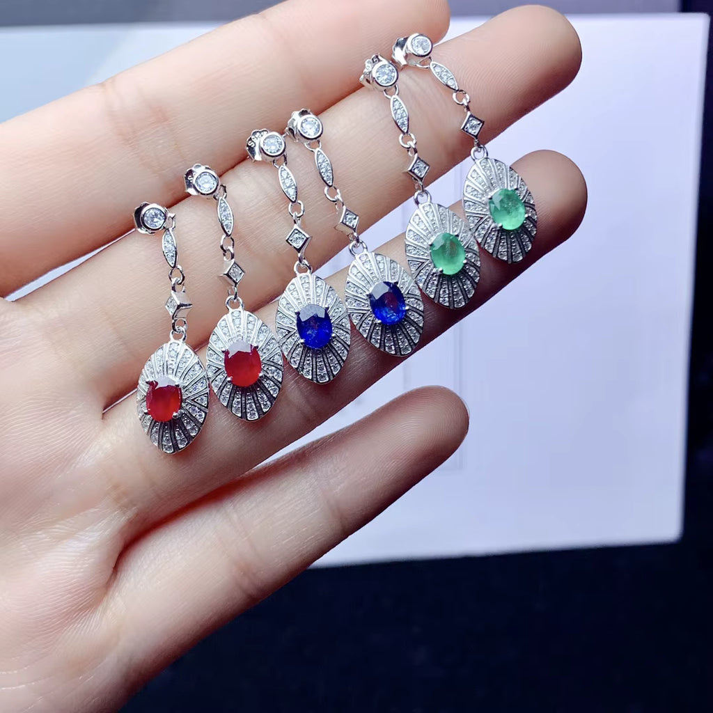 Natural Emerald, Sapphire, Or Ruby Drop Dangle Earrings VVS Grade 4x5mm