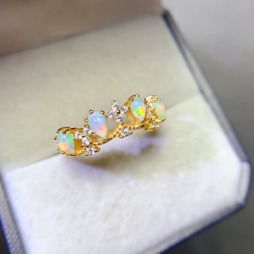 Australian Opal Statement Ring, Natural White Opal Ring Platinum Plated 3x5mm