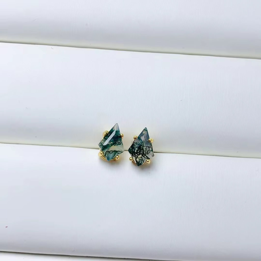 Kite Shaped Moss Agate Gemstone Earrings, Moss Agate Stud Earrings