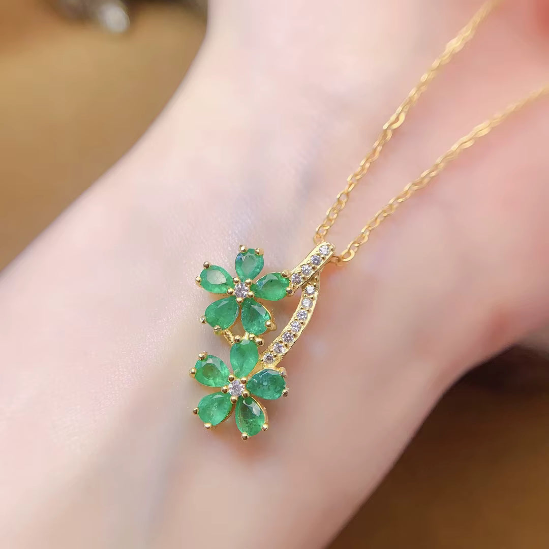 Natural Emerald Flower Pendant Necklace, Natural Emerald Gemstone Necklace