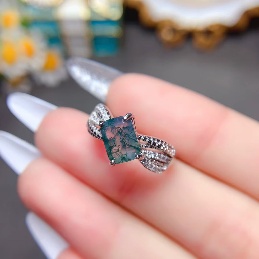 Natural Moss Agate Band Ring 925 Sterling Silver 5x7mm