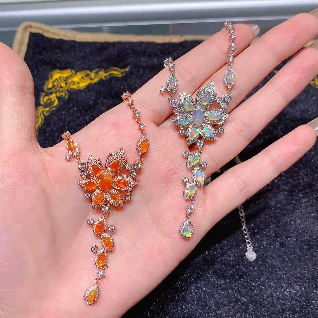 Colorful White or Orange Fire Opal Statement Necklace 3x5mm
