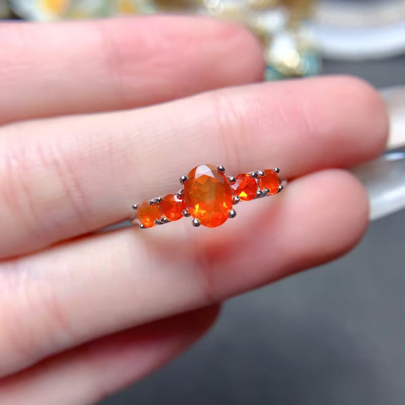 Natural Orange Fire Opal Band Ring 925 Sterling Silver 5x7mm