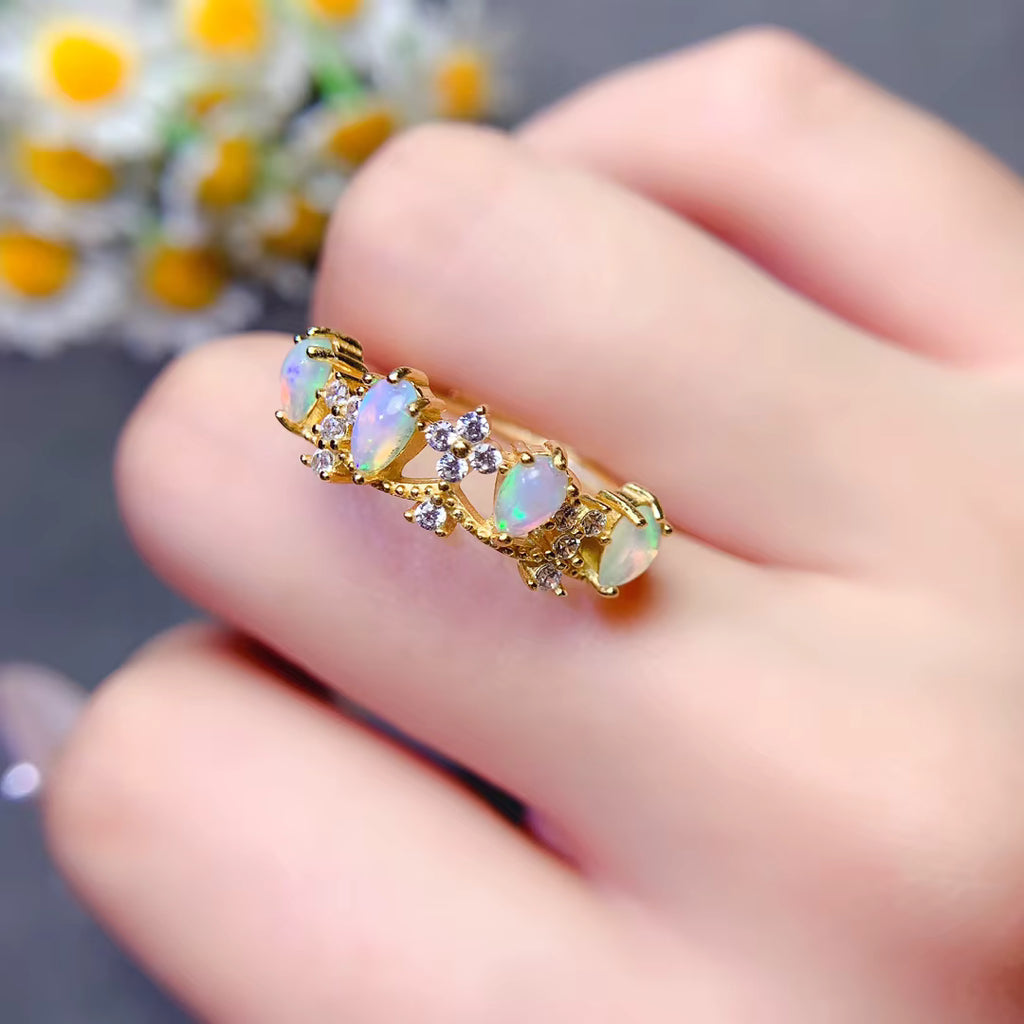 Australian Opal Statement Ring, Natural White Opal Ring Platinum Plated 3x5mm