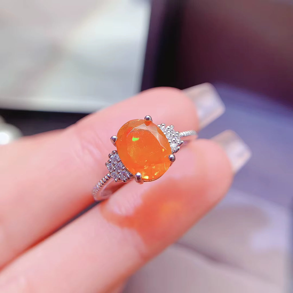 Natural Orange Fire Opal Band Ring 925 Sterling Silver 6x8mm