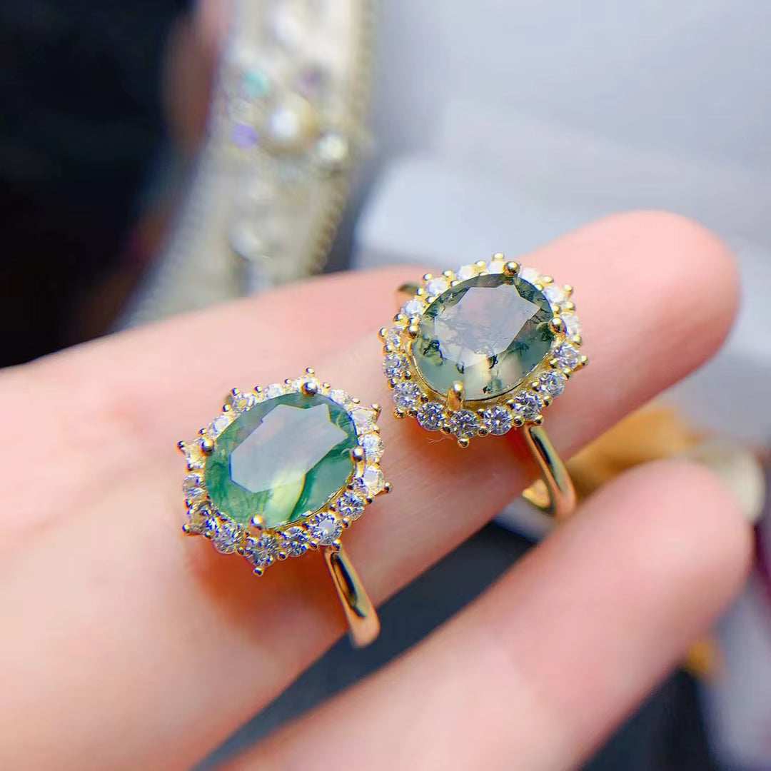 Moss Agate Cluster Ring 8x10mm 925 Sterling Silver