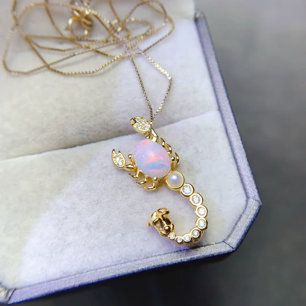 Natural White Fire Opal Scorpion Necklace 925 Sterling Silver