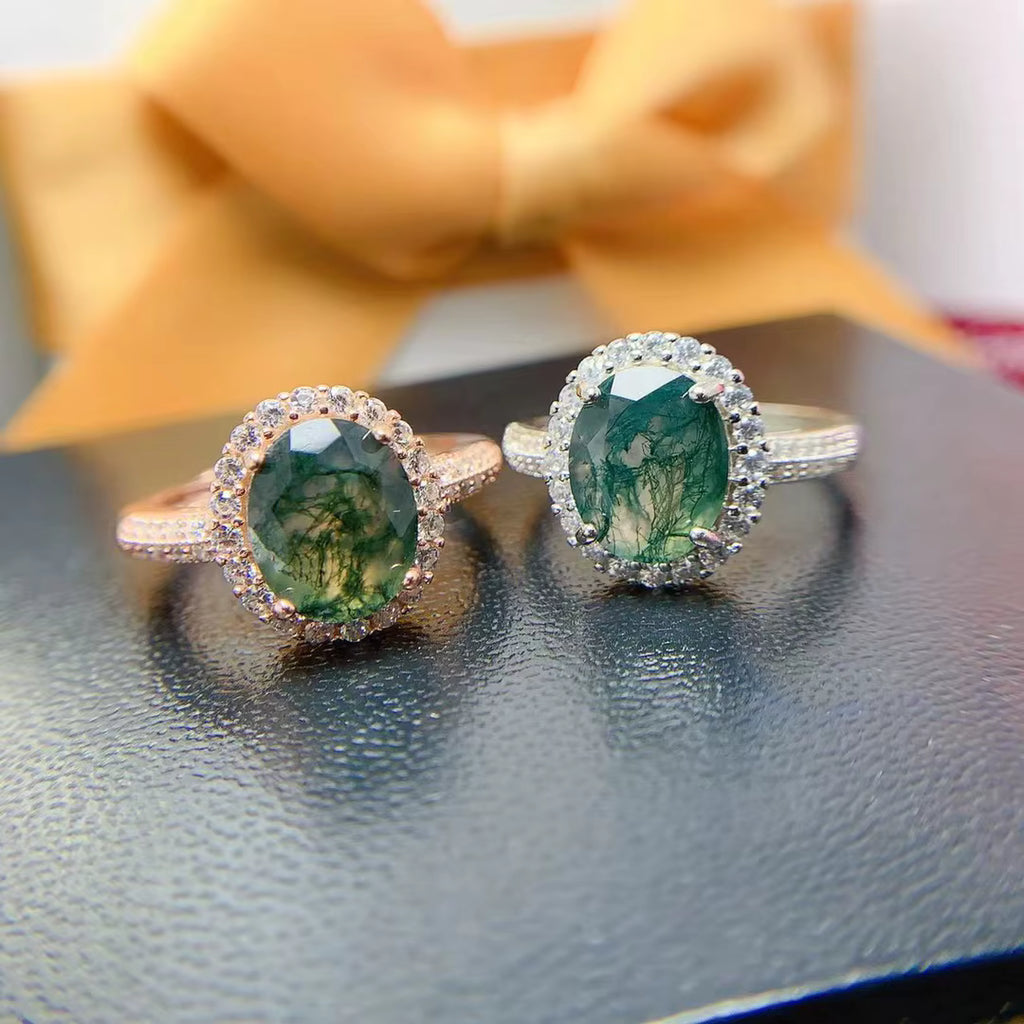 Natural Moss Agate Gemstone Ring 925 Sterling Silver 8x10mm