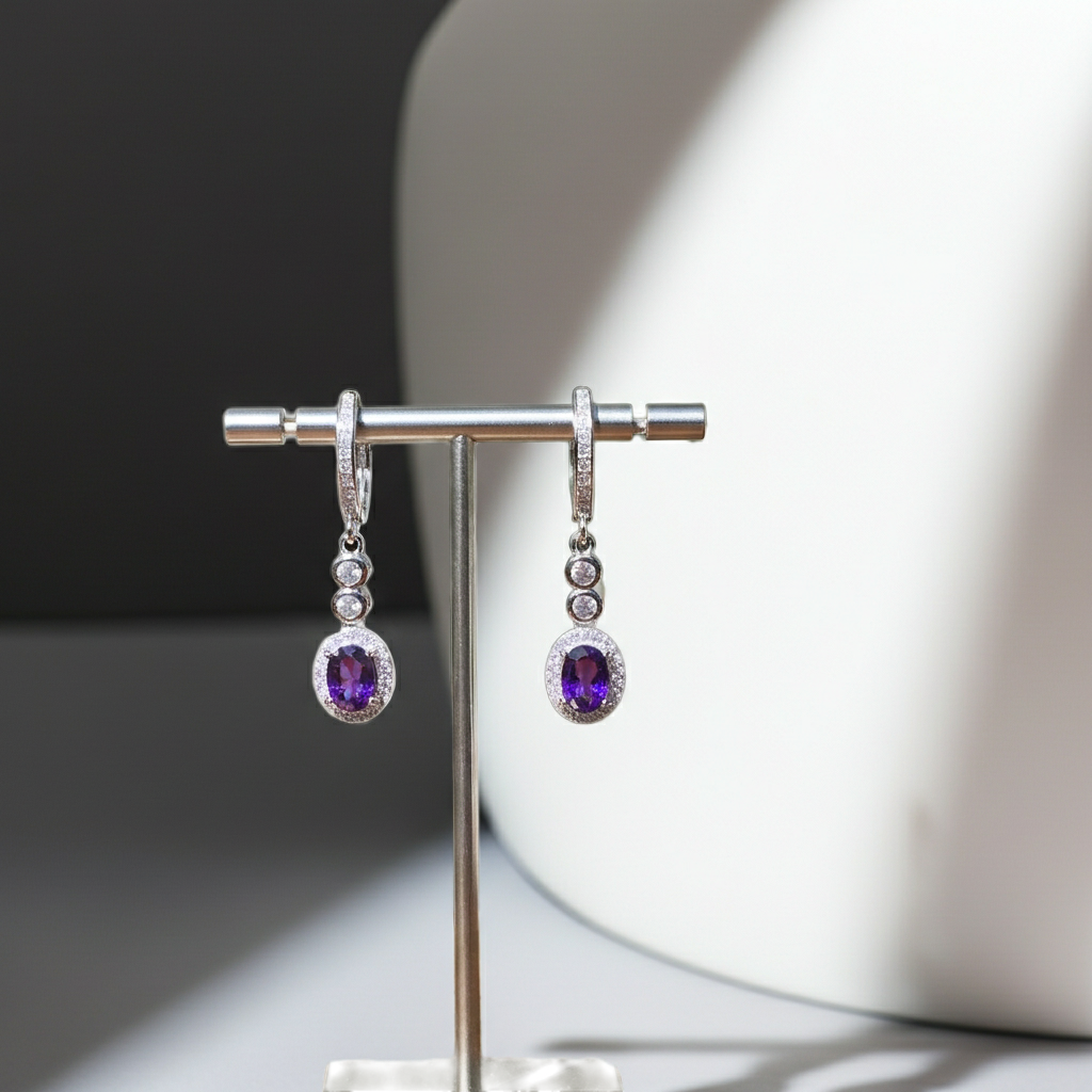 Purple Amethyst Long Dangle Earrings 5x7mm 925 Sterling Silver