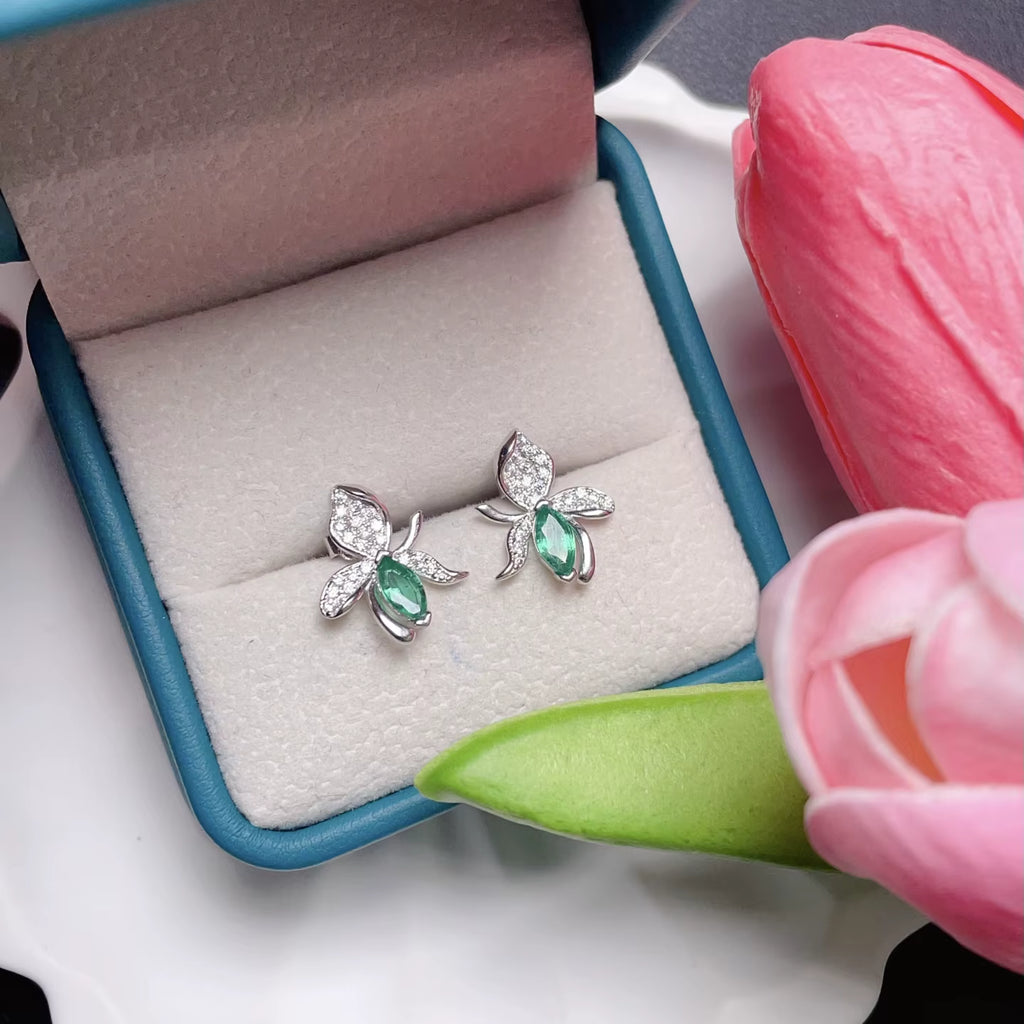 Natural Marquise Cut Emerald Stud Earrings 3x6mm 925 Sterling Silver