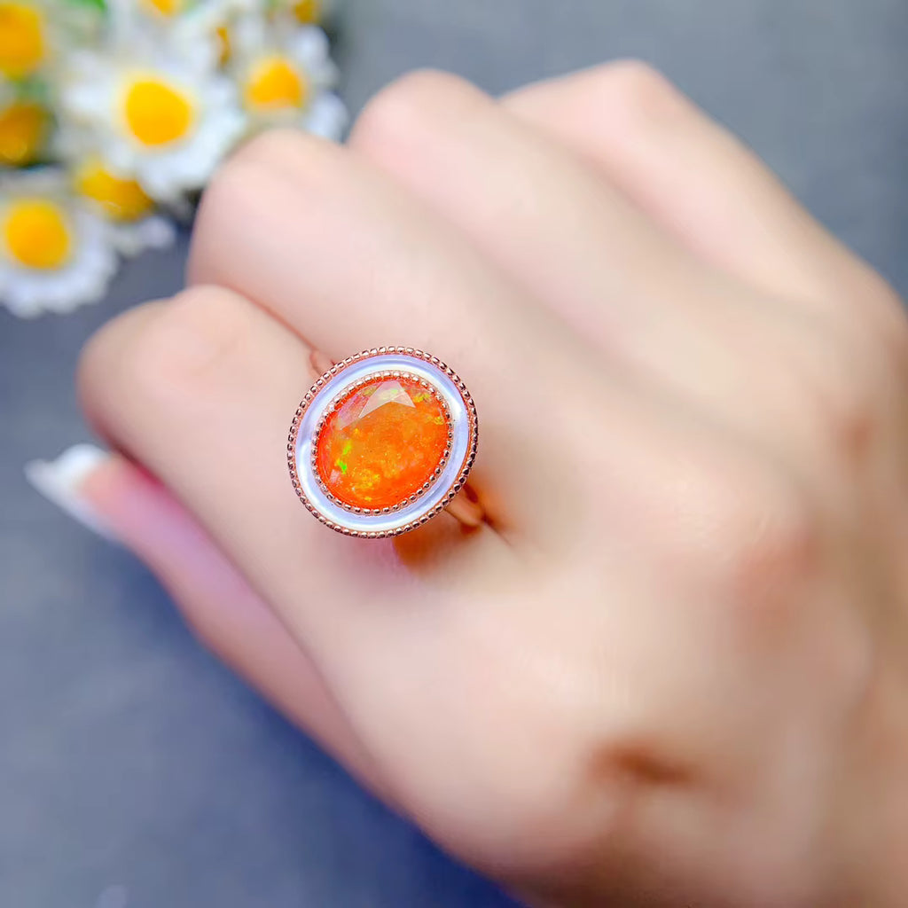 Natural Orange Fire Opal Gemstone Ring 925 Sterling Silver 8x10mm