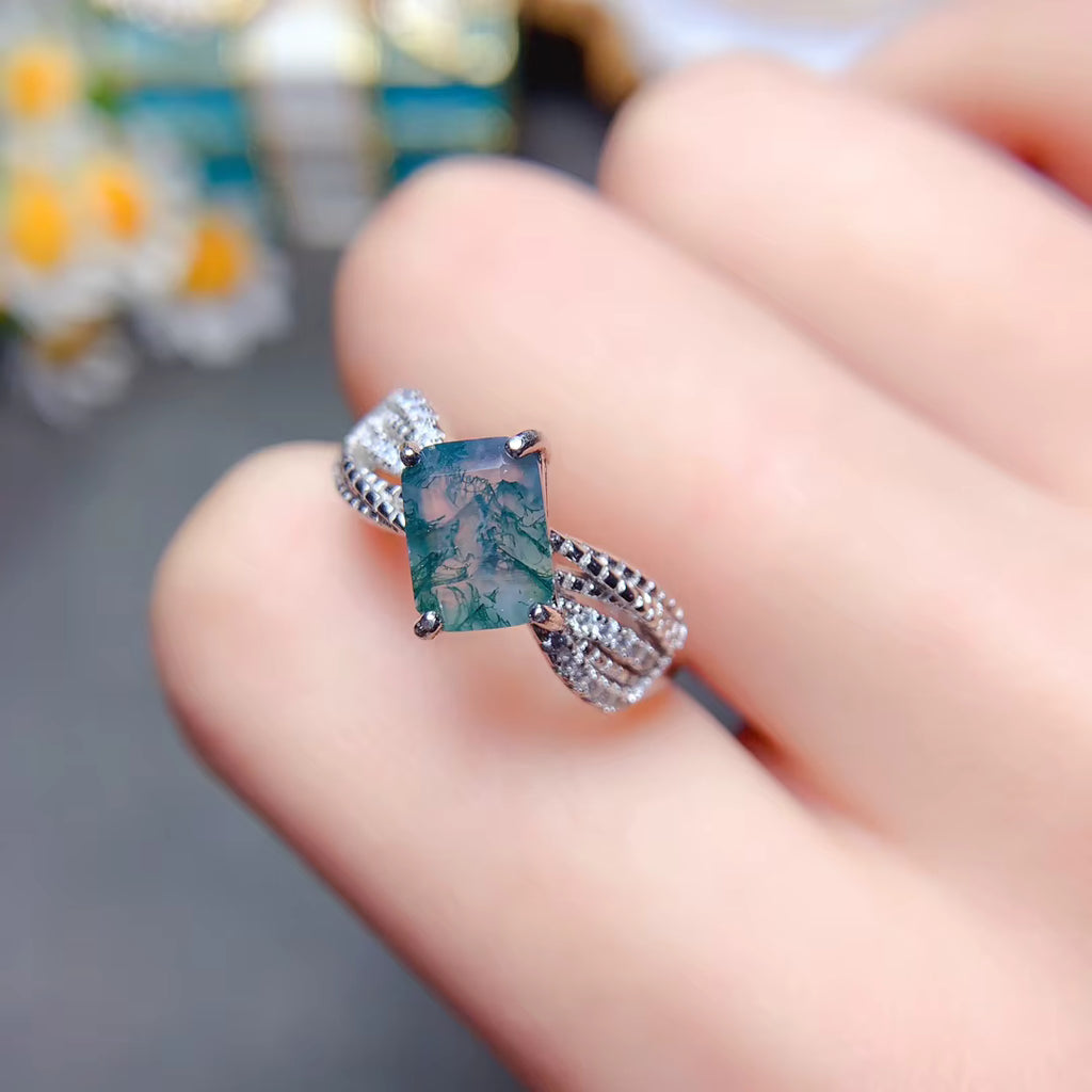 Natural Moss Agate Band Ring 925 Sterling Silver 5x7mm