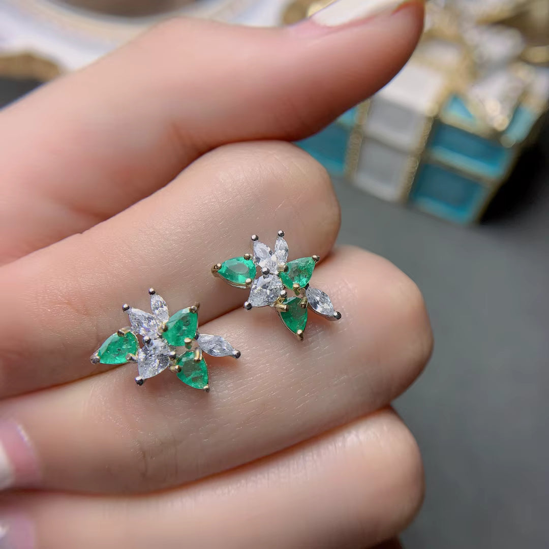 Natural Emerald Pear Cut Cluster Earrings 3x4mm VVS Grade