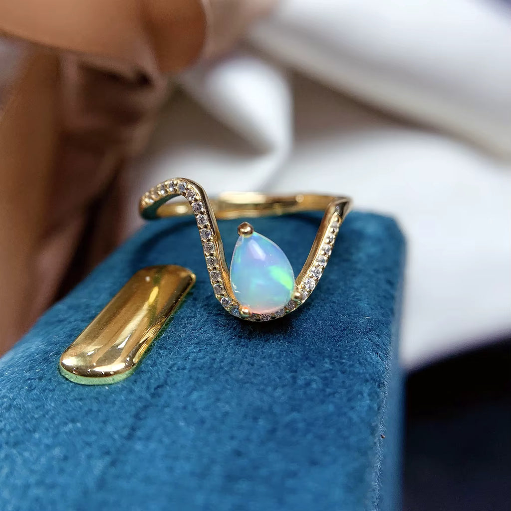 Australian Opal Statement Ring, Natural White Opal Ring Platinum Plated 5x7mm