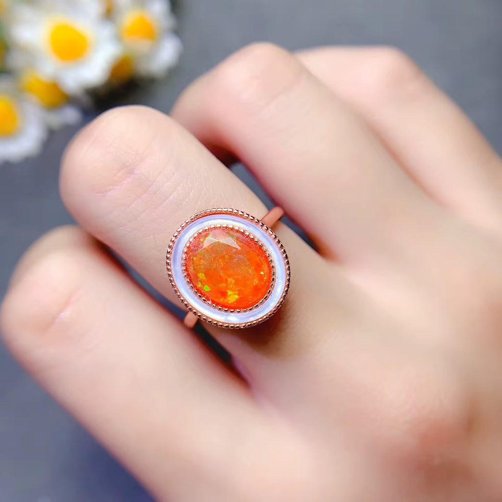 Natural Orange Fire Opal Gemstone Ring 925 Sterling Silver 8x10mm
