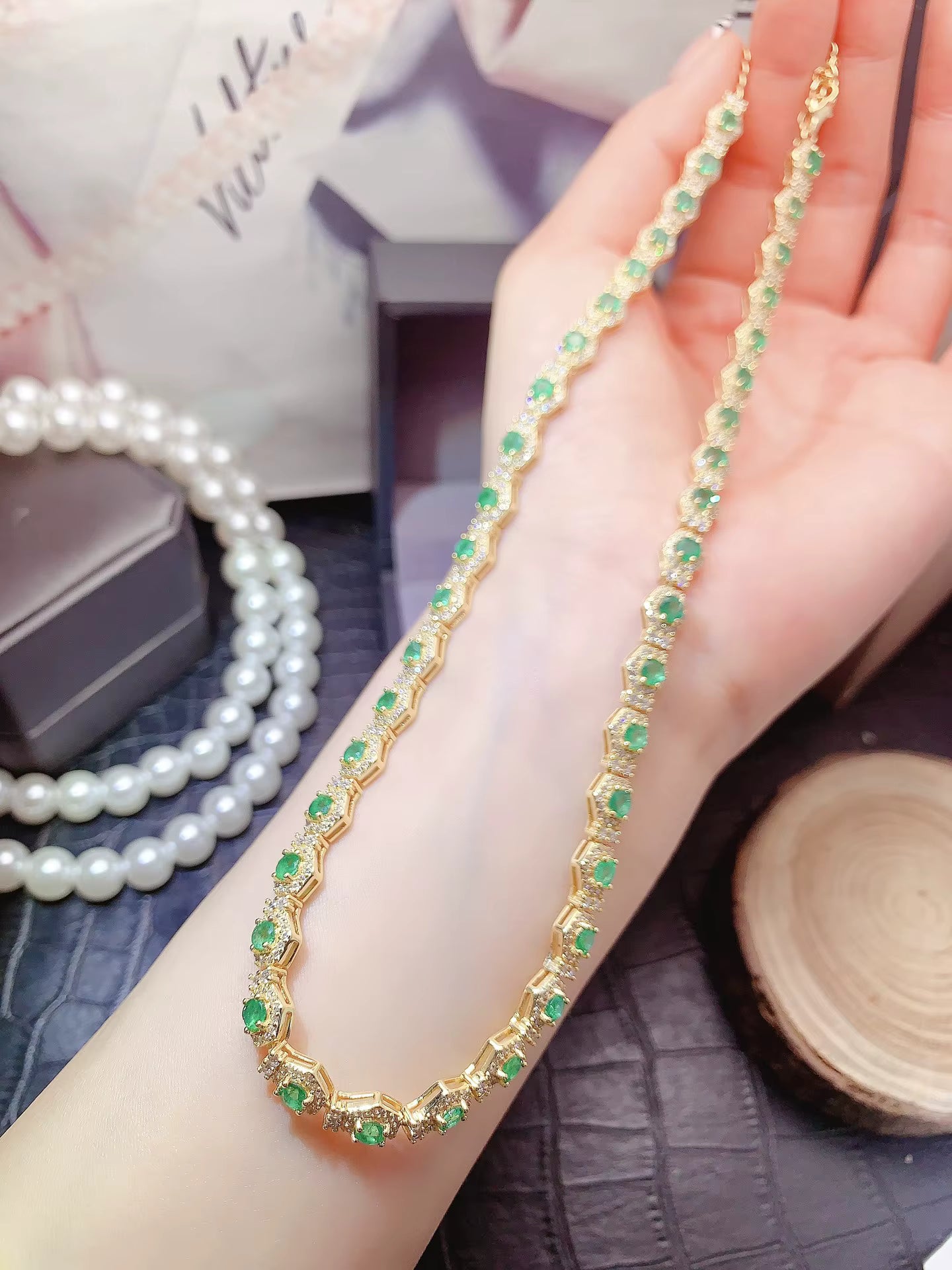 Natural Emerald Tennis Chain Necklace 4mm Gold Plated 925 Sterling Silver