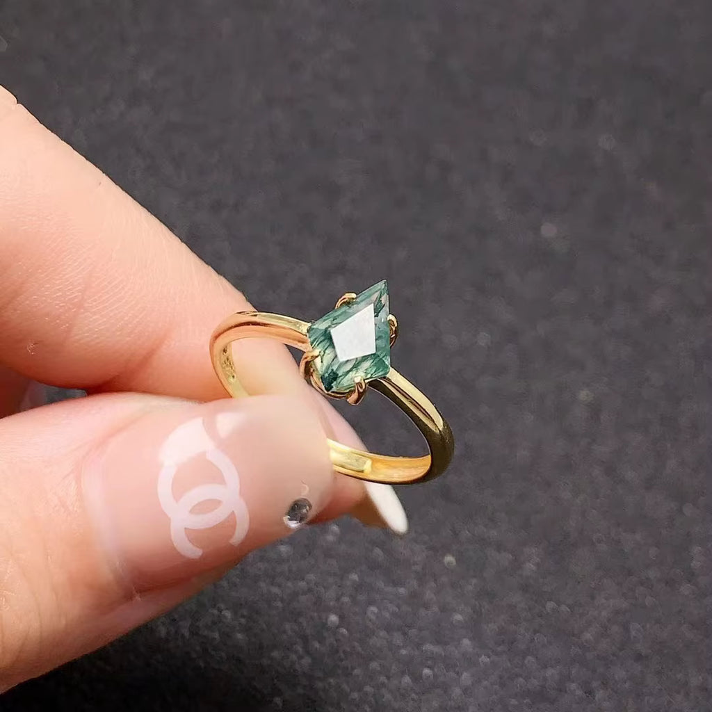 Kite Shape Moss Agate Gemstone Ring 6x9mm