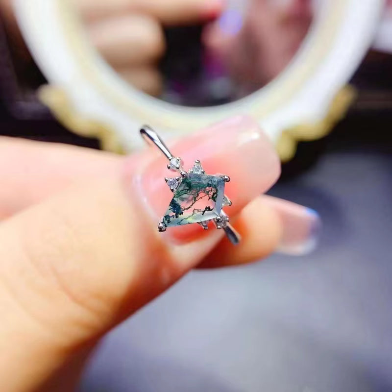 Kite Shape Moss Agate Gemstone Ring 6x8mm 925 Sterling Silver