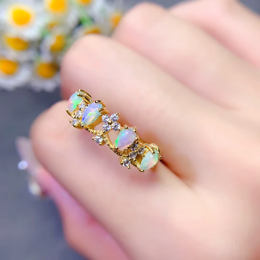Australian Opal Statement Ring, Natural White Opal Ring Platinum Plated 3x5mm