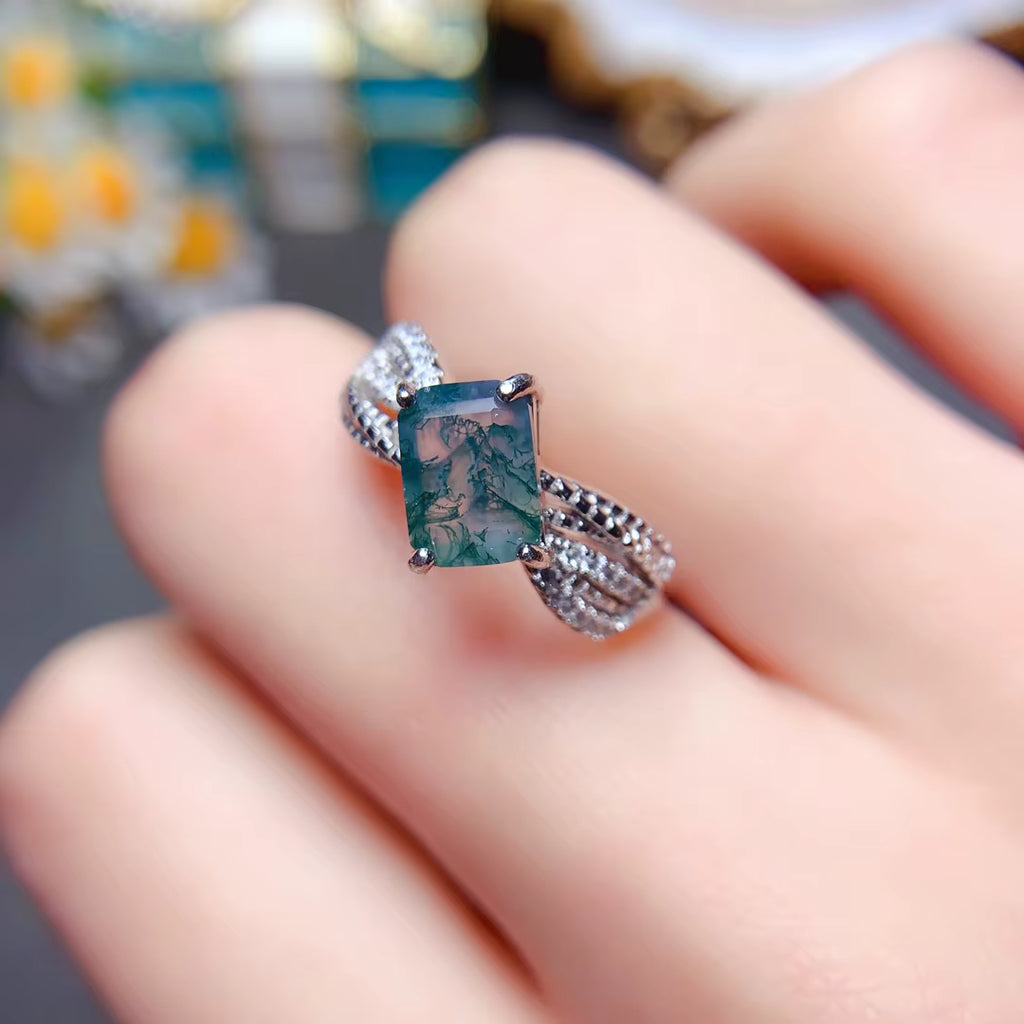 Natural Moss Agate Band Ring 925 Sterling Silver 5x7mm